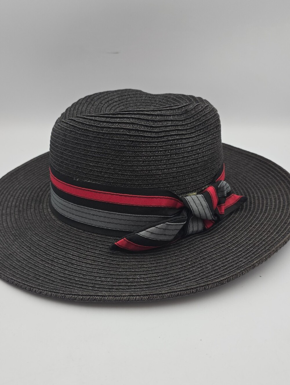 Something Special Women's Wide Brim Straw Sun Hat w/ Red Gray Band Bow